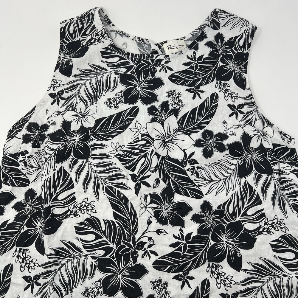 Remi James Hawaiian Black White Floral Linen Blend Tank Top Resort‎ Wear Buttons